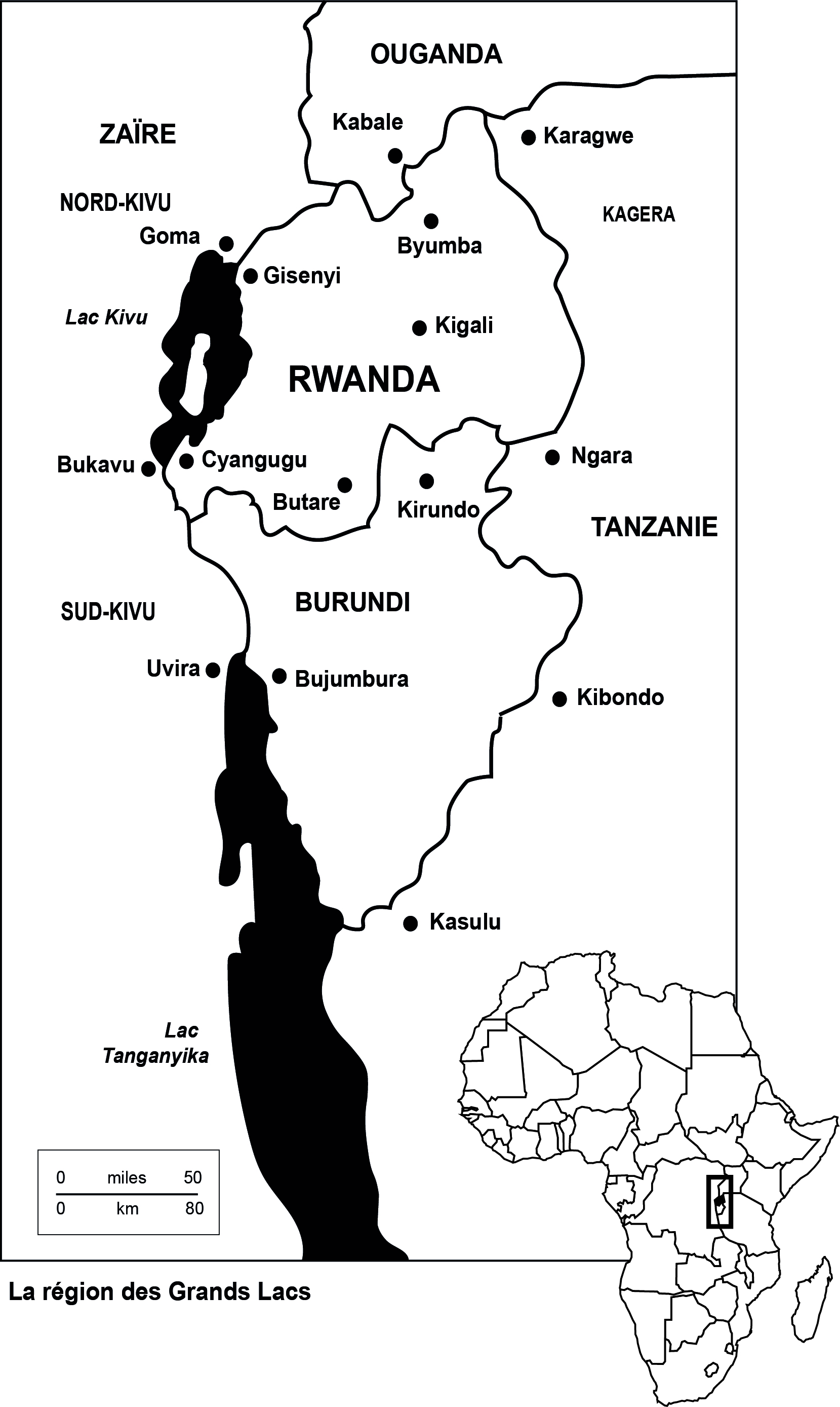 La région des grands lacs. Editée par les auteurs à partir de la carte publiée in Evaluation conjointe de l'aide d'ugence au Rwanda, Rapport de synthèse, Copenhague, 1996, p. 8.