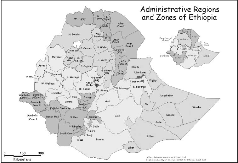 Carte des divisions administratives de l'Ethiopie 