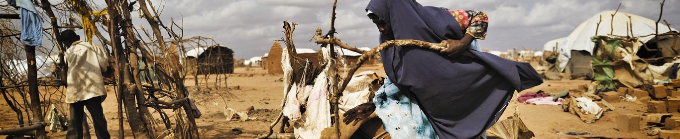 A woman is building a shelter in Dadaab refugee camp