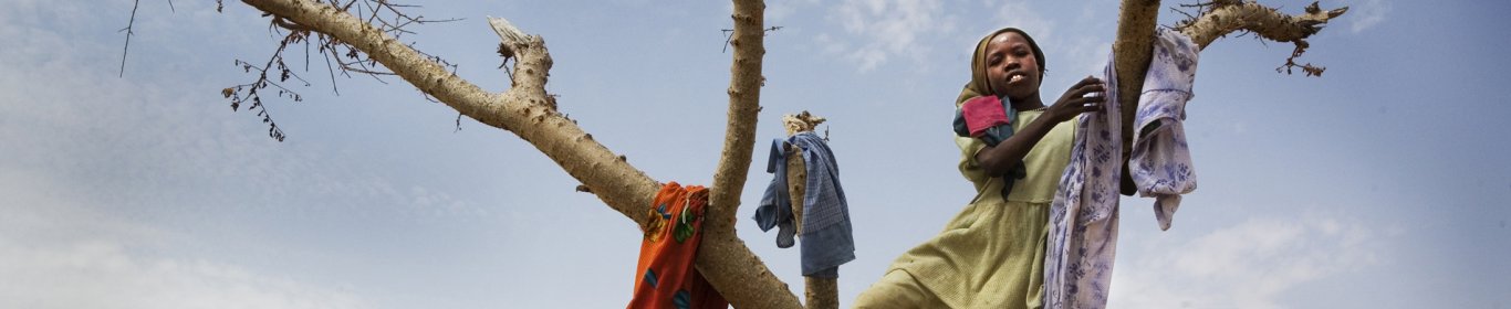 Une fille joue dans un arbre a l'extérieur du camp de réfugiés de Iridimi au Darfour