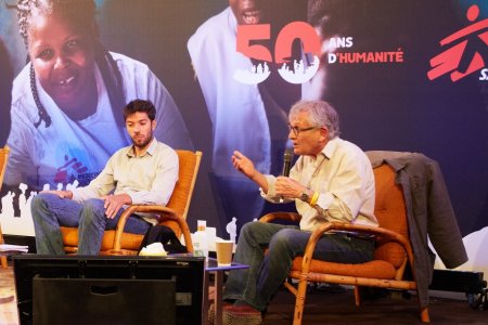 Christophe Ayad, journalist at Le Monde and host, Hakim Khaldi, researcher, Célian Macé, journalist at Liberation and Rony Brauman, former president of MSF speak during a debate questioning the relevance and the related dilemmas to interventions in countries plagued by radical groups. MSF 50th anniversary festival in Pantin, June 2021. 